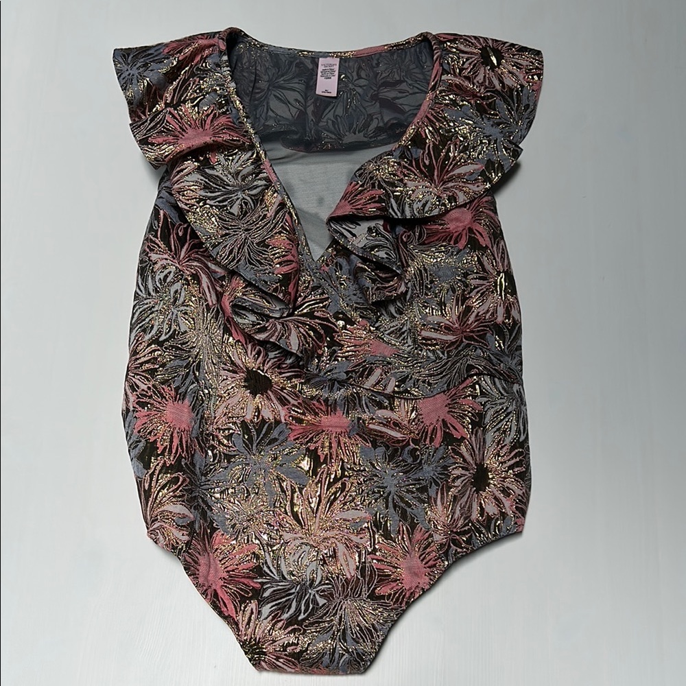Victoria's Secret Pink and Gold Bodysuit Ruffled Sleeveless